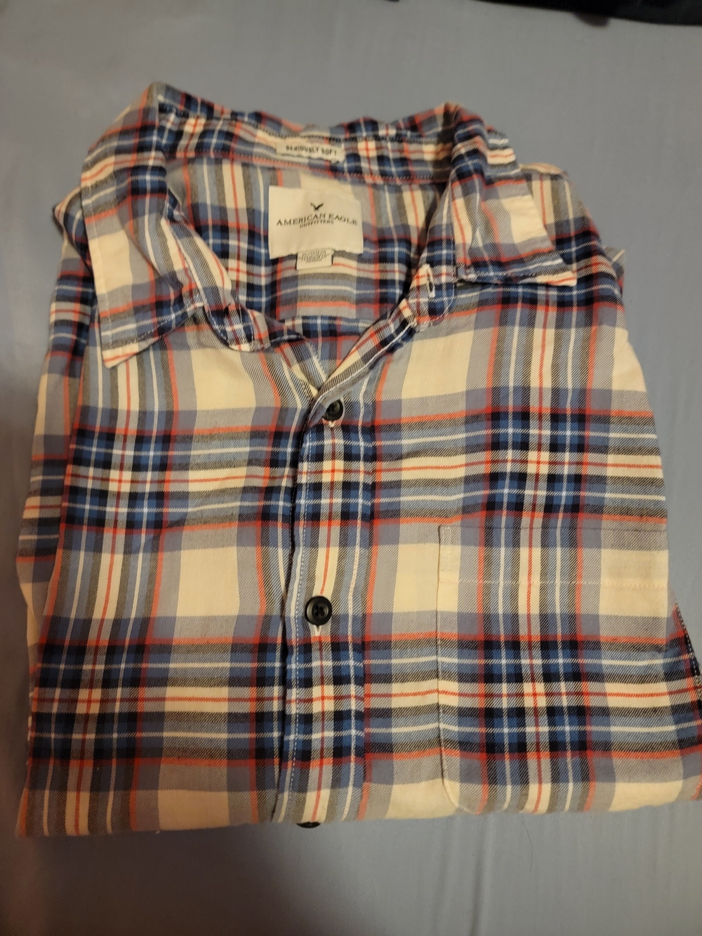 American Eagle Outfitters Men’s Blue, White & Red Plaid Button-Down Shirt